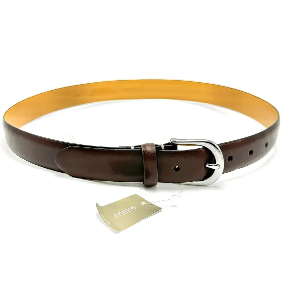 J Crew Brown Italian Leather Belt 30 Silver Round Buckle Dress Belt Classic